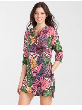 TOMMY BAHAMA Remy Retro Linen Lace-Up Dress | XS | V Neck Pockets Tropical Print